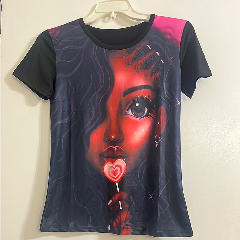 Women’s Black and Pink Graphic Fitted Tee size S